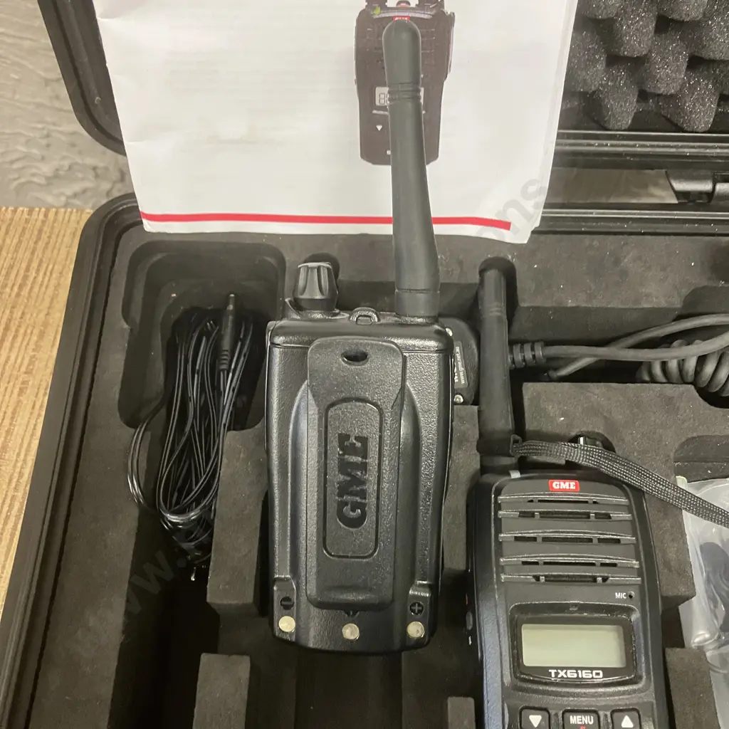 Pair of GME 5/1 Watt UHF CB Handheld Radios In Moulded Case - TX6160 With MC011 Radio Speaker Microphones (No Charger) Image 1++