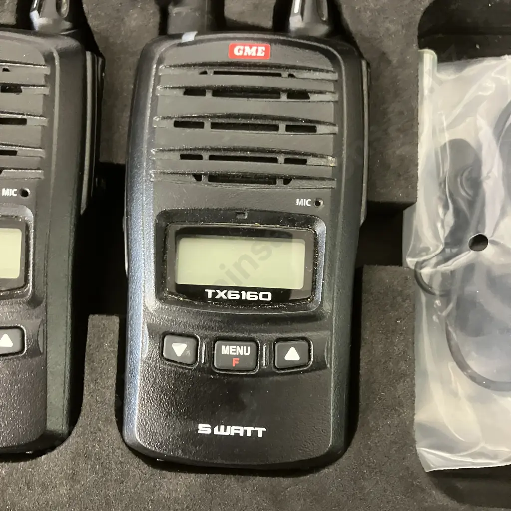 Pair of GME 5/1 Watt UHF CB Handheld Radios In Moulded Case - TX6160 With MC011 Radio Speaker Microphones (No Charger) Image 1++