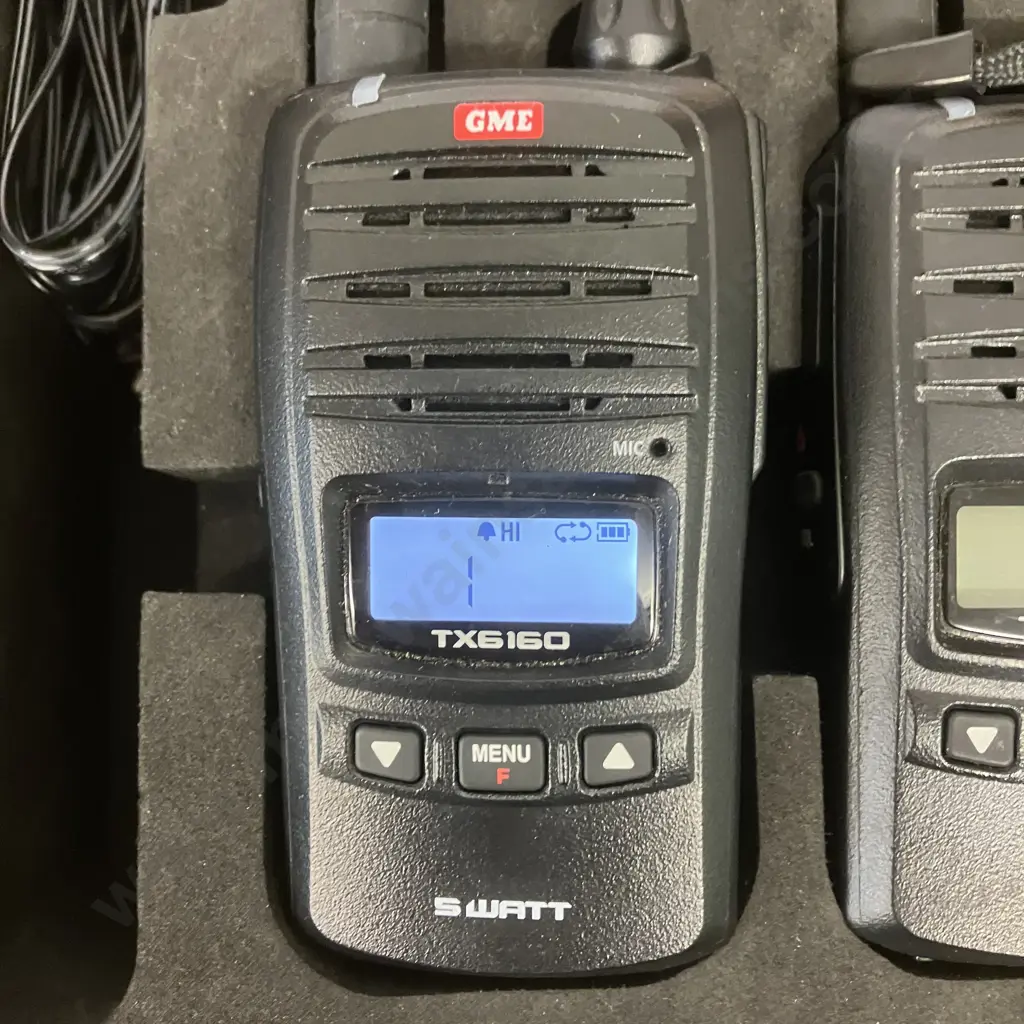 Pair of GME 5/1 Watt UHF CB Handheld Radios In Moulded Case - TX6160 With MC011 Radio Speaker Microphones (No Charger) Image 1++