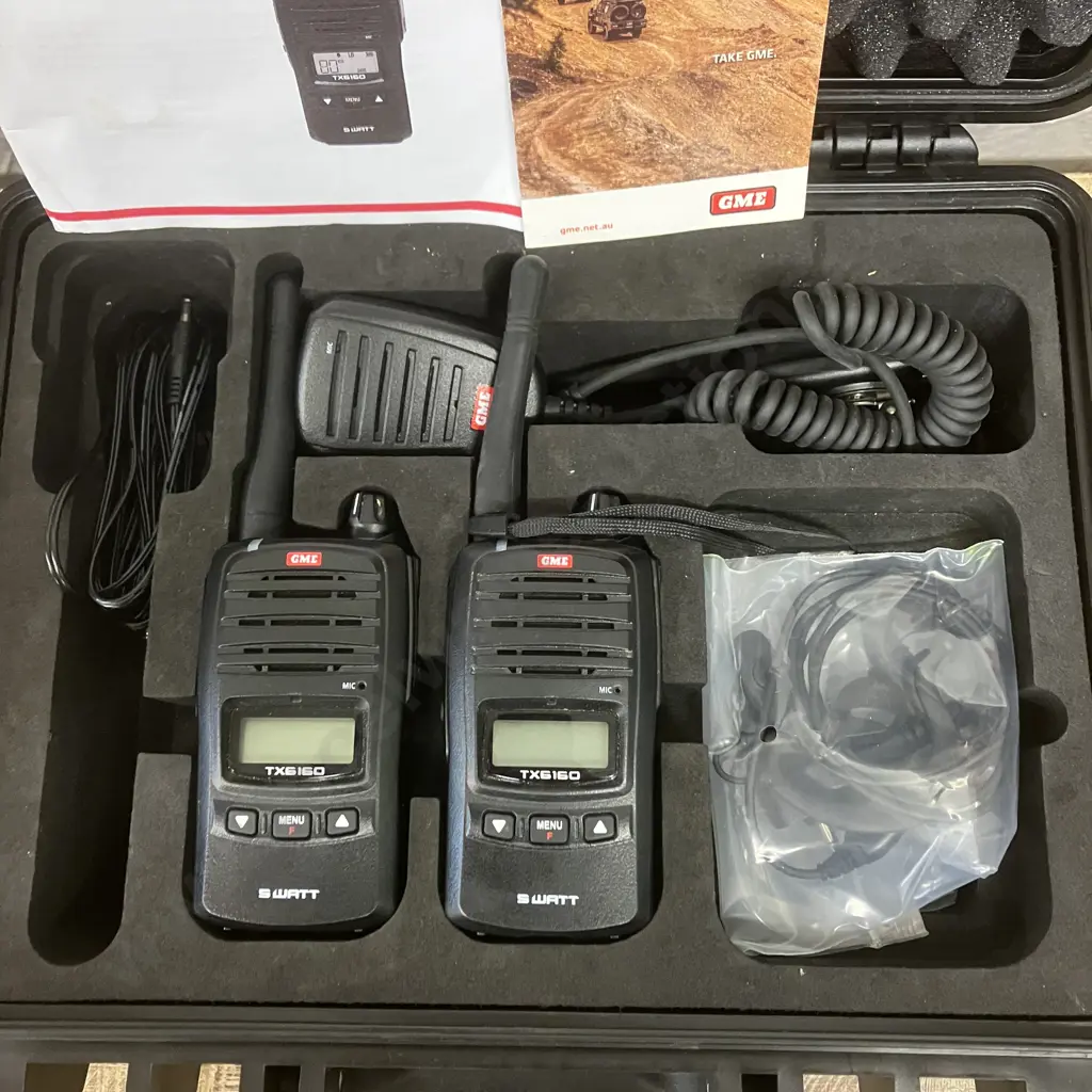 Pair of GME 5/1 Watt UHF CB Handheld Radios In Moulded Case - TX6160 With MC011 Radio Speaker Microphones (No Charger) Image 1++
