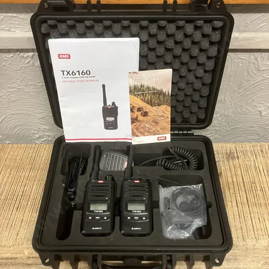 Pair of GME 5/1 Watt UHF CB Handheld Radios In Moulded Case - TX6160 With MC011 Radio Speaker Microphones (No Charger)