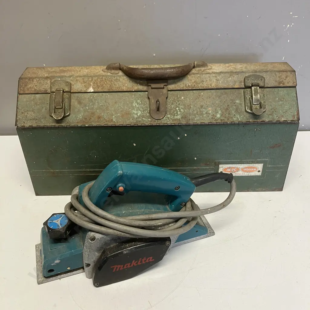 SK Wayne Metal Toolbox, Assorted Sockets Including SK. Makita Electric Planer Image 1++