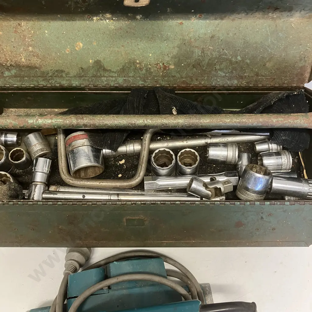 SK Wayne Metal Toolbox, Assorted Sockets Including SK. Makita Electric Planer Image 1++