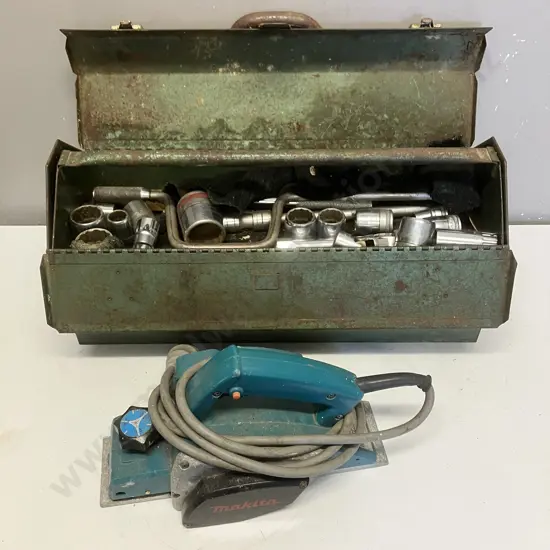 SK Wayne Metal Toolbox, Assorted Sockets Including SK. Makita Electric Planer
