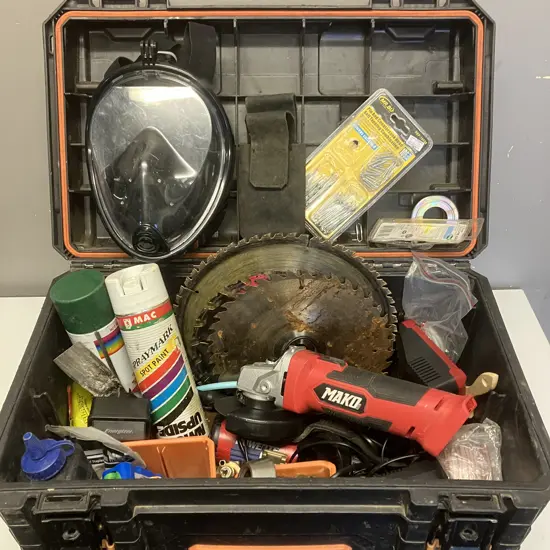 AEG Quickstack Toolbox, Electronic Items, Mako Angle Grinder Skin Only, Ozito Chargers, Blades, Tools Etc