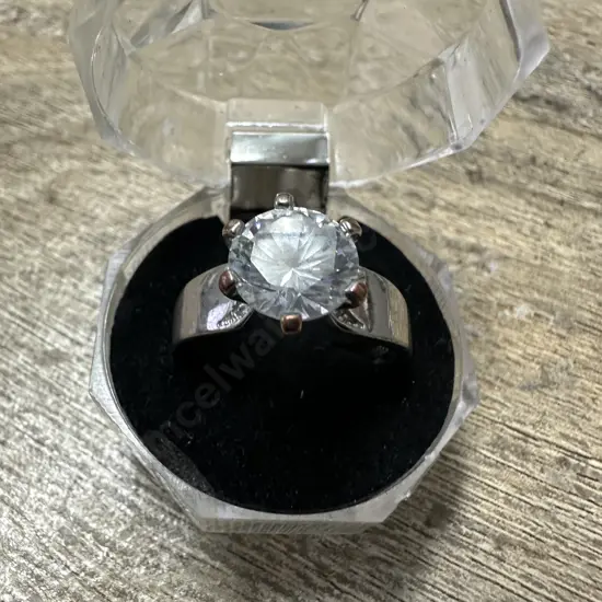 Large Stamped 925 Ring With Large Clear Gem Stone