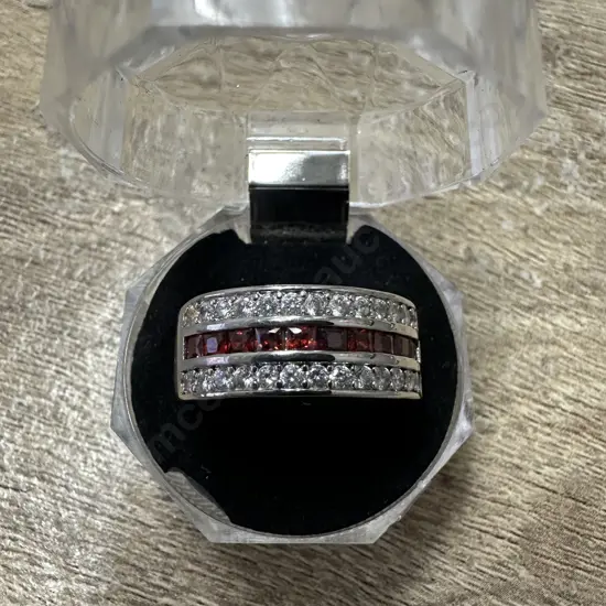Large Stamped 925 Ring Red & Clear Stones 
