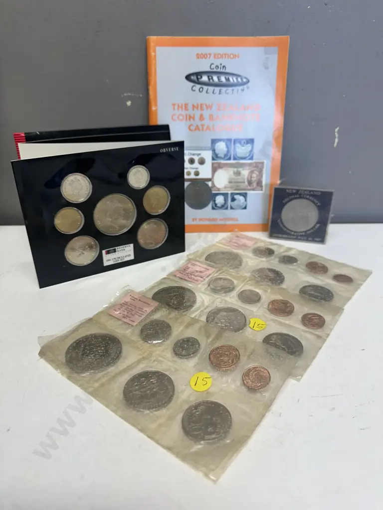 Selection Of Coins Including Rugby World Cup 1991, Commemorative Dollar 1967, Coin Setsx3 & NZ Coin & Bank Note Booklet Image 1++