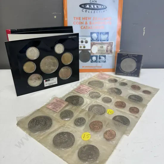 Selection Of Coins Including Rugby World Cup 1991, Commemorative Dollar 1967, Coin Setsx3 & NZ Coin & Bank Note Booklet