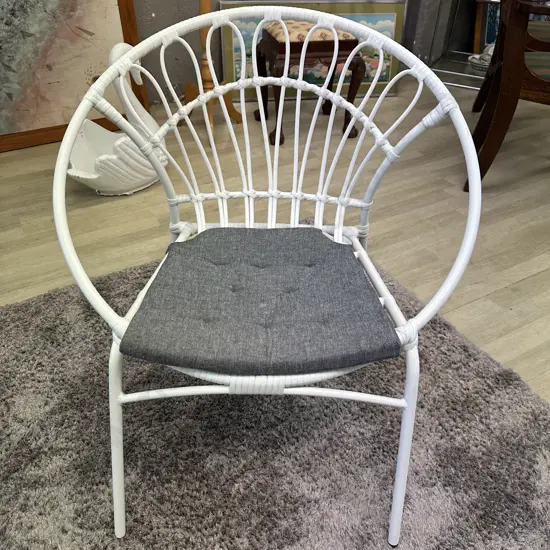 White Resin Patio Chair Bucket Design With Grey Living & Co Cushion H79,W72,D60cm.