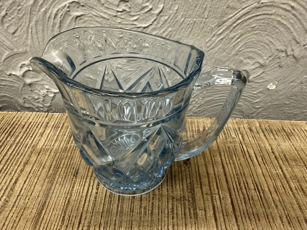 Vintage Ice Blue Glass Pitcher Diamond Pattern H15cm Image 1++
