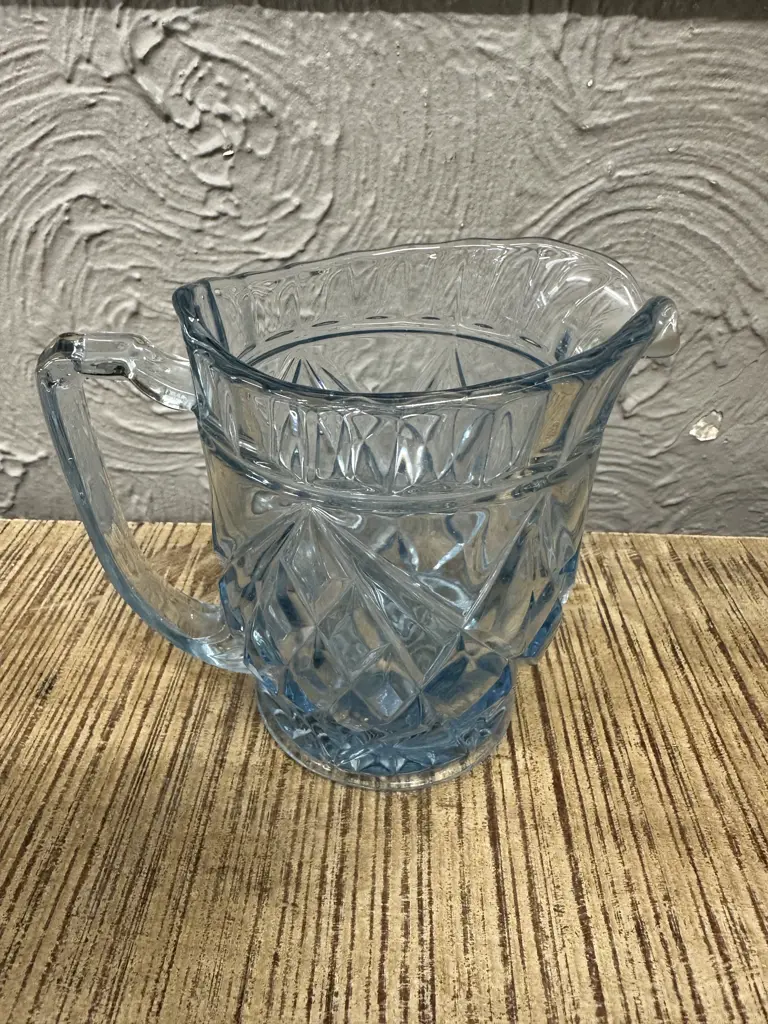 Vintage Ice Blue Glass Pitcher Diamond Pattern H15cm Image 1++