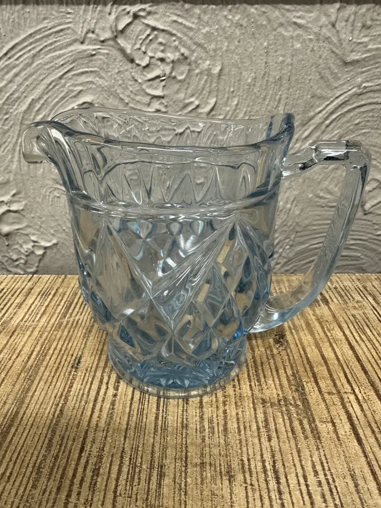 Vintage Ice Blue Glass Pitcher Diamond Pattern H15cm Image 1++
