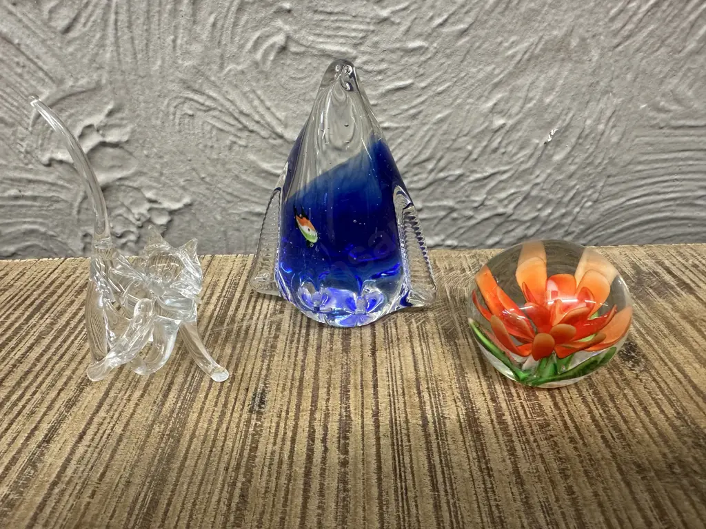 Vintage Glass Paper Weights & Cat With Bird Ornament Image 1++