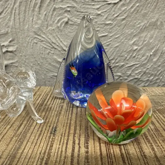 Vintage Glass Paper Weights & Cat With Bird Ornament
