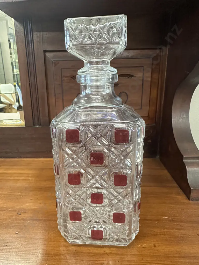 Vintage Pressed Crystal Decanter With Square Ruby Flash Accents H25cm Image 1++