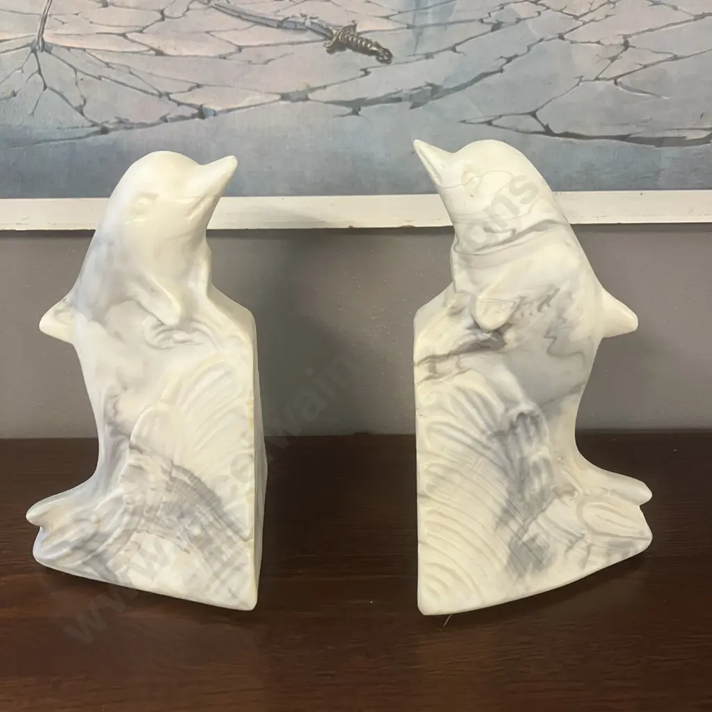 Vintage Marlestone Dolphin Book Ends, Handcrafted Cultured Marble, 1950s Made in NZ, Original Labels At The Base. H16cm. Image 1++