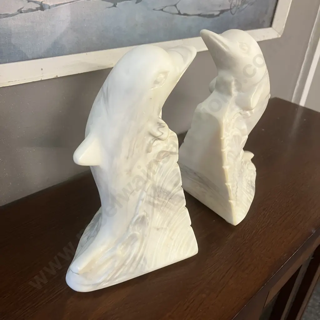 Vintage Marlestone Dolphin Book Ends, Handcrafted Cultured Marble, 1950s Made in NZ, Original Labels At The Base. H16cm. Image 1++