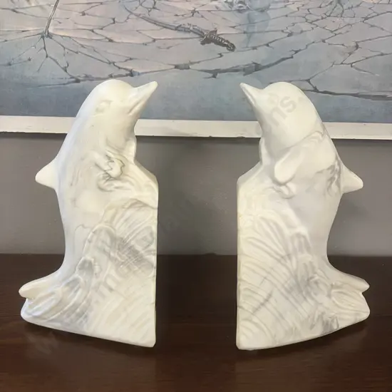 Vintage Marlestone Dolphin Book Ends, Handcrafted Cultured Marble, 1950s Made in NZ, Original Labels At The Base. H16cm.