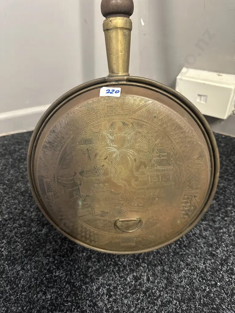 Vintage Brass Bed Pan With Wooden Handle H102cm. Image 1++