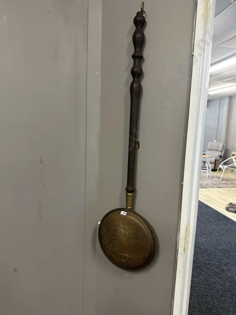 Vintage Brass Bed Pan With Wooden Handle H102cm. Image 1++
