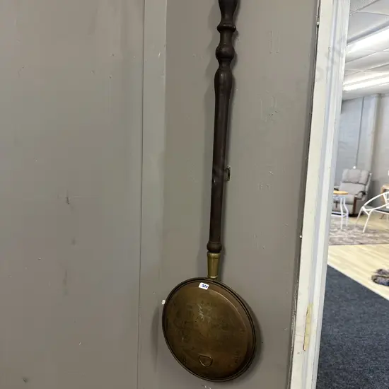 Vintage Brass Bed Pan With Wooden Handle H102cm.