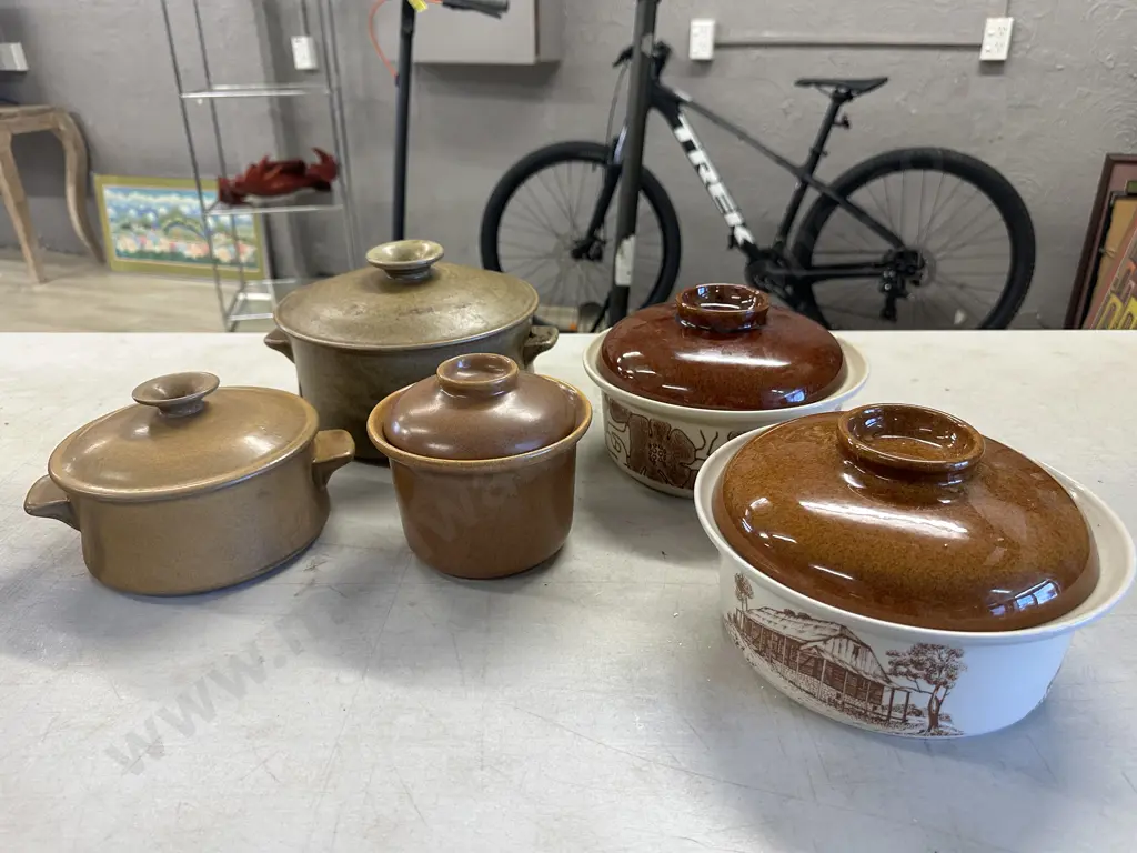 Vintage Lidded Stone Ware Casserole Dishes Including Crown Lynn (af to rim), Temuka Etc Image 1++