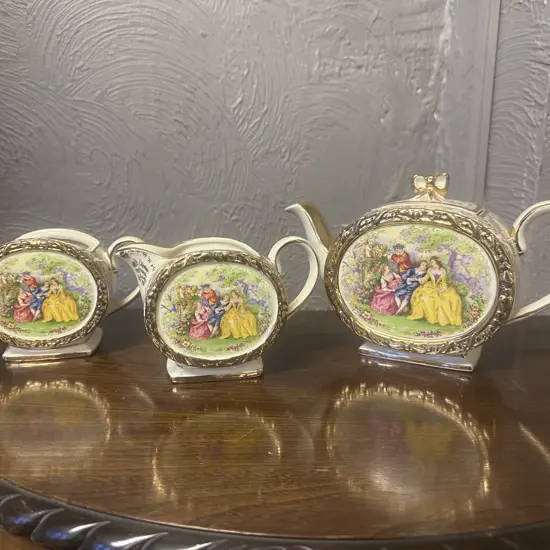 Sadler England 1930s Tea Set - Barrel Teapot With Bow Topped Lid, 1876 On Base (Sugar Bowl Missing Lid)