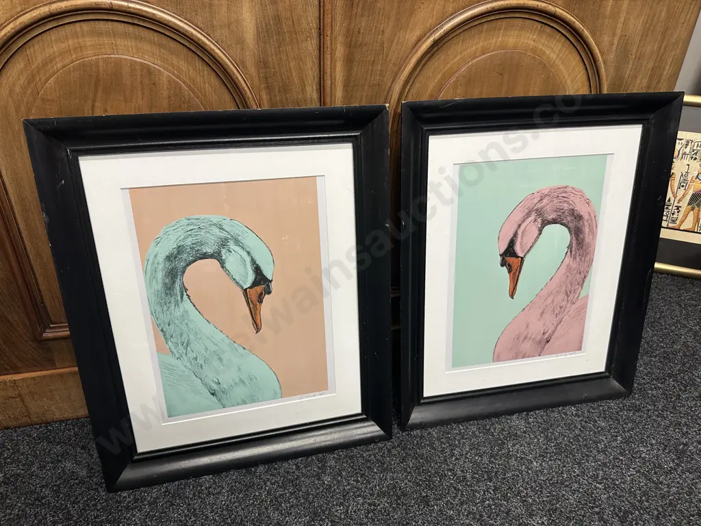 Pair Of Black Framed Swan Prints Signed 2013 Image 1++