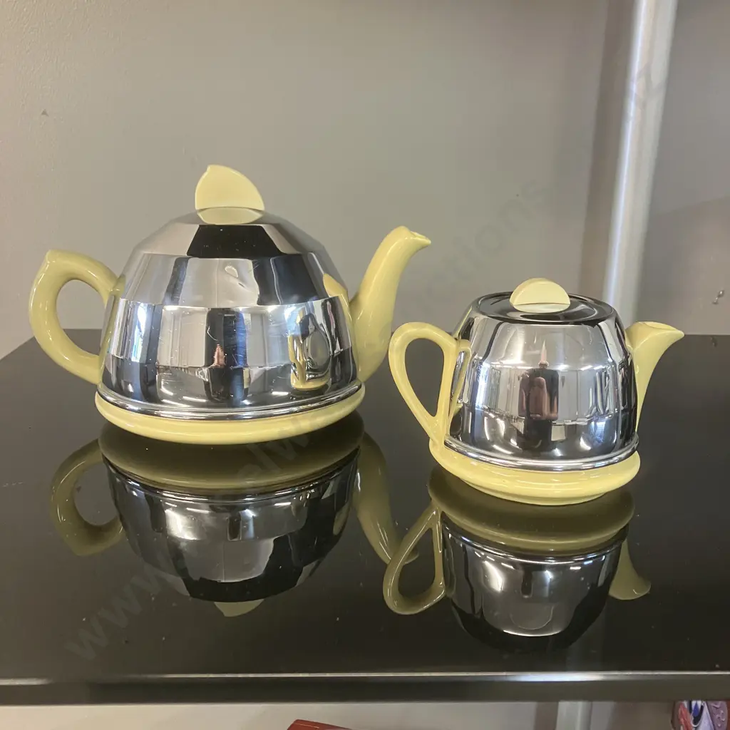 Art Deco Style Tea Pot With Creamer, Yellow & Insulated Chrome, Rd No 877448 1950's Vintage Made In England Image 1++