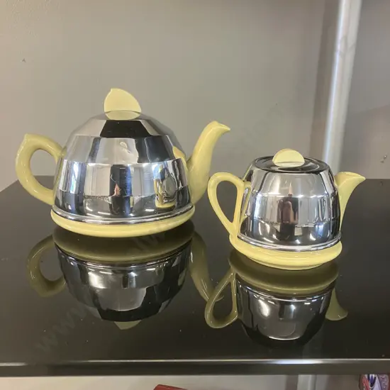 Art Deco Style Tea Pot With Creamer, Yellow & Insulated Chrome, Rd No 877448 1950's Vintage Made In England