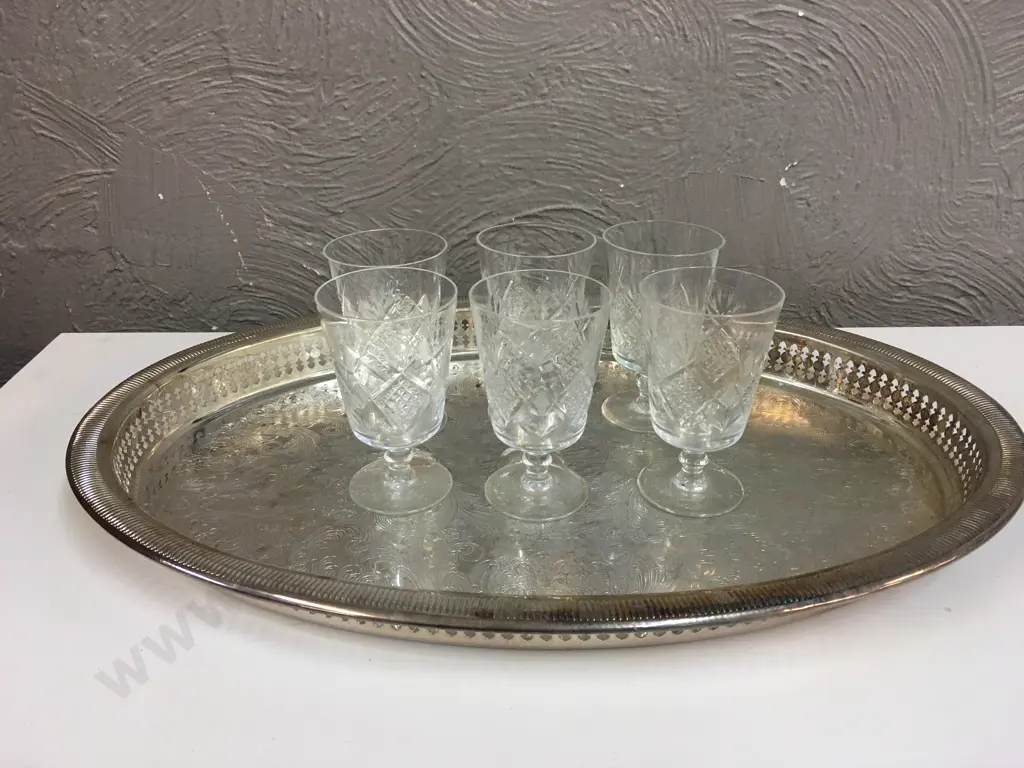 Vintage Oval Silver Plated Tray With Set Of Six Crystal Glasses Image 1++