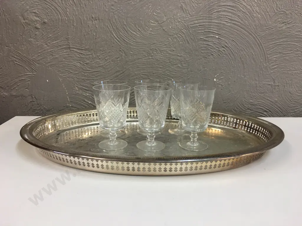 Vintage Oval Silver Plated Tray With Set Of Six Crystal Glasses Image 1++