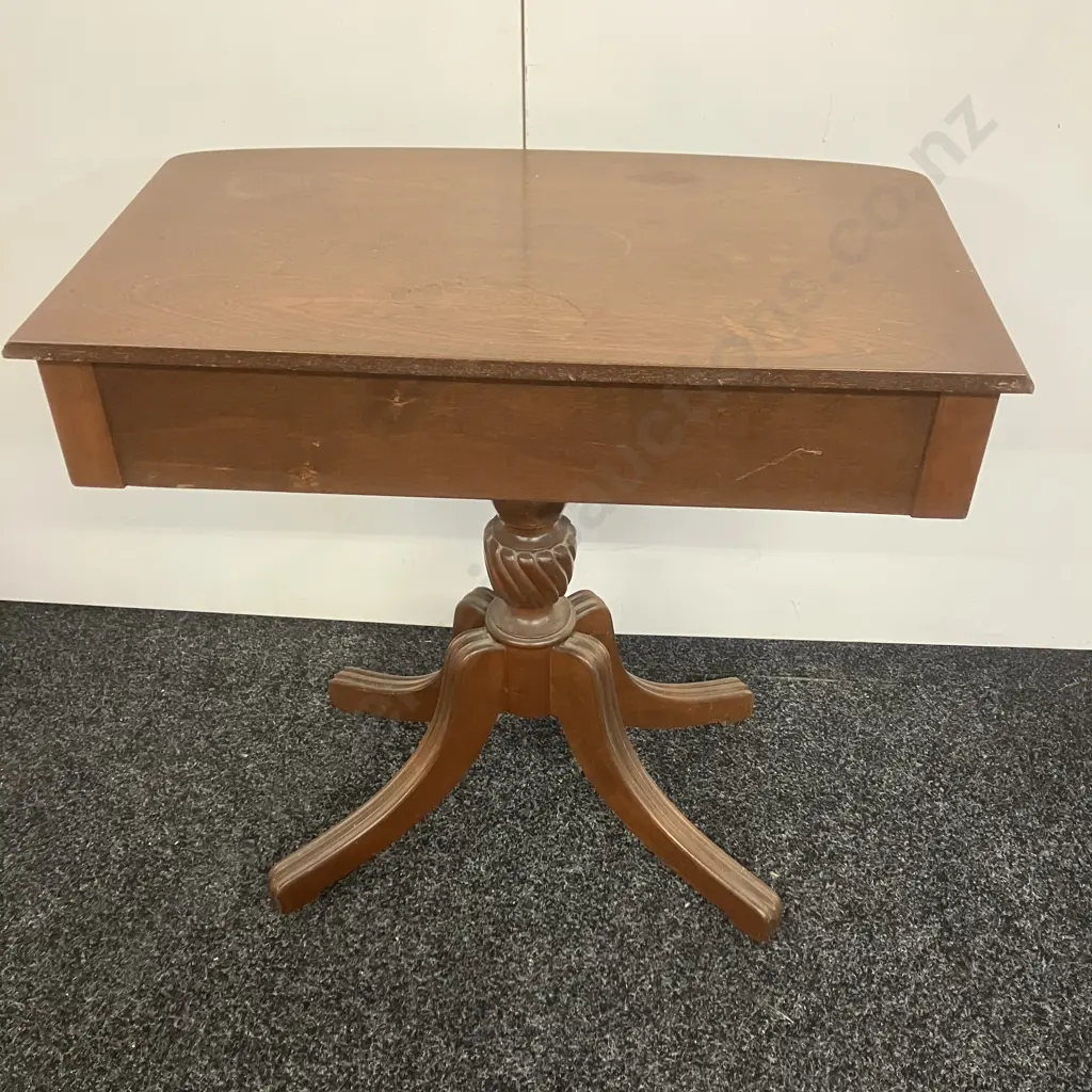 Dark Stained Oak Side Table, Single Drawer, Metal Drop Handles, Pedestal Base. H68 W70 D40cm Image 1++