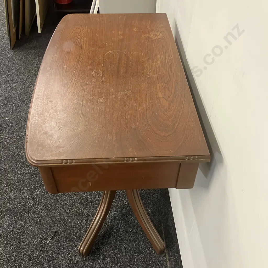 Dark Stained Oak Side Table, Single Drawer, Metal Drop Handles, Pedestal Base. H68 W70 D40cm Image 1++