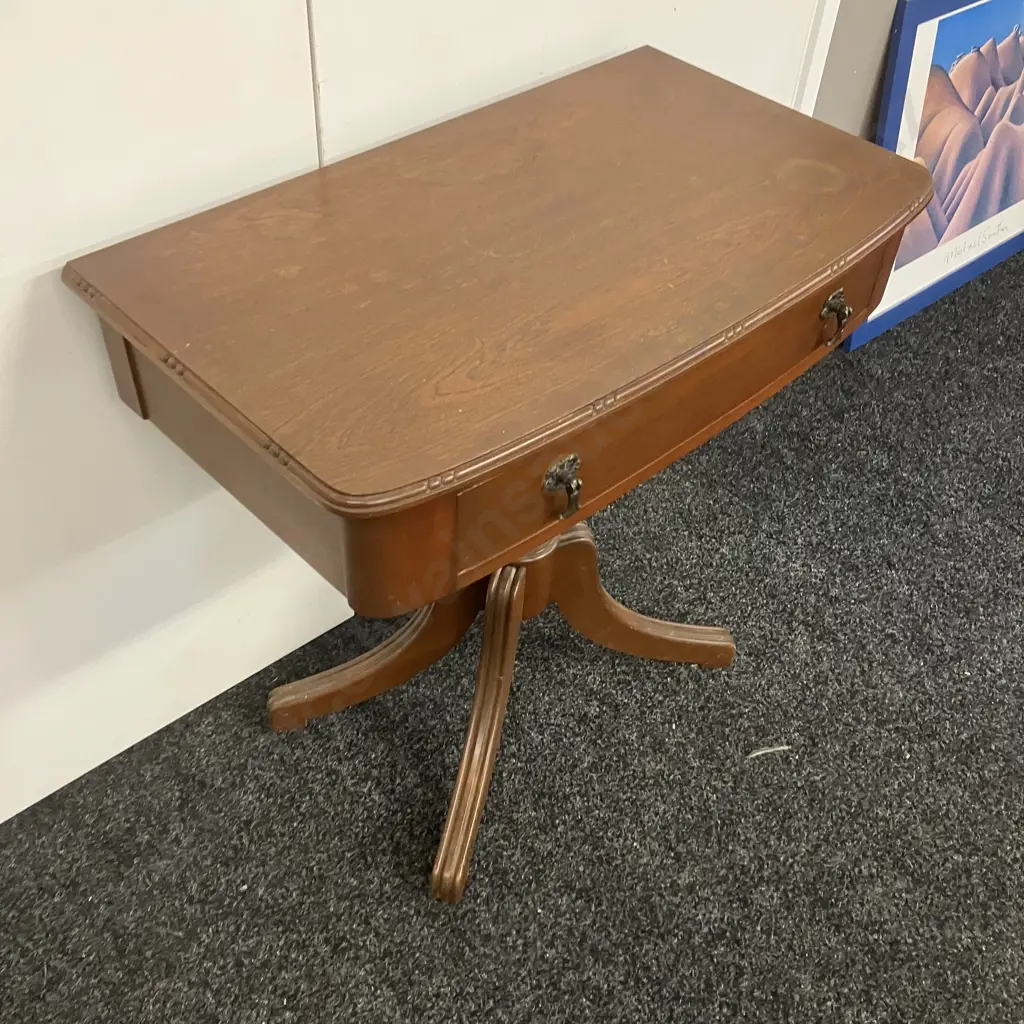 Dark Stained Oak Side Table, Single Drawer, Metal Drop Handles, Pedestal Base. H68 W70 D40cm Image 1++