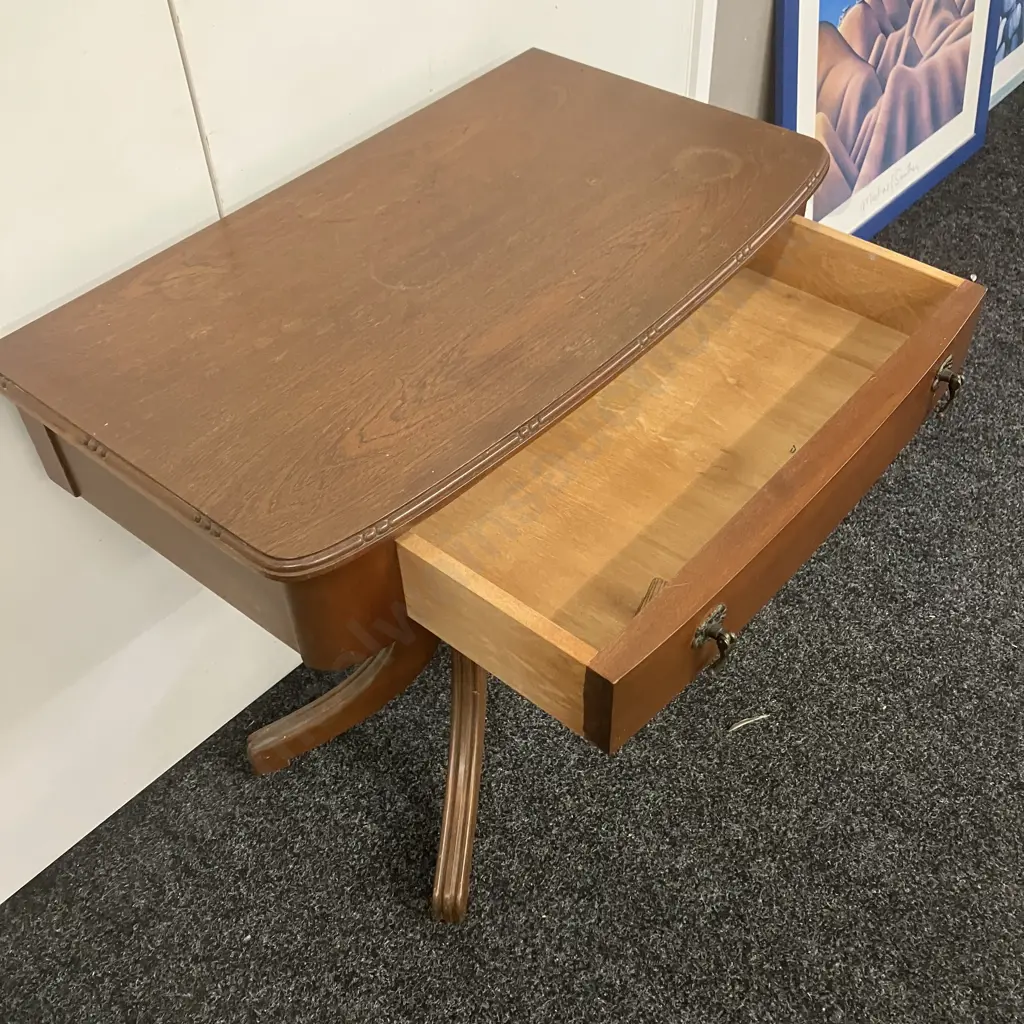 Dark Stained Oak Side Table, Single Drawer, Metal Drop Handles, Pedestal Base. H68 W70 D40cm Image 1++