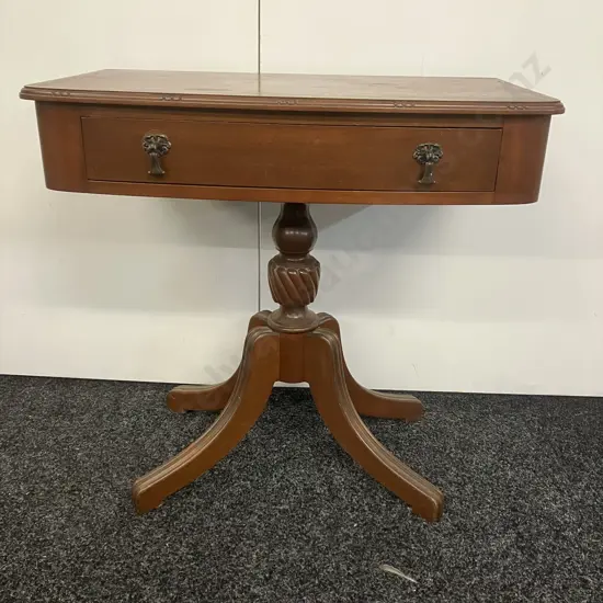 Dark Stained Oak Side Table, Single Drawer, Metal Drop Handles, Pedestal Base. H68 W70 D40cm