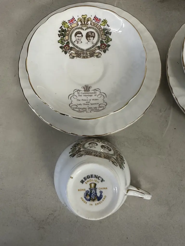 Regency English Bone China Charles & Diana Commemorative Tea Set - 6 x Trios & Cake Plate Image 1++
