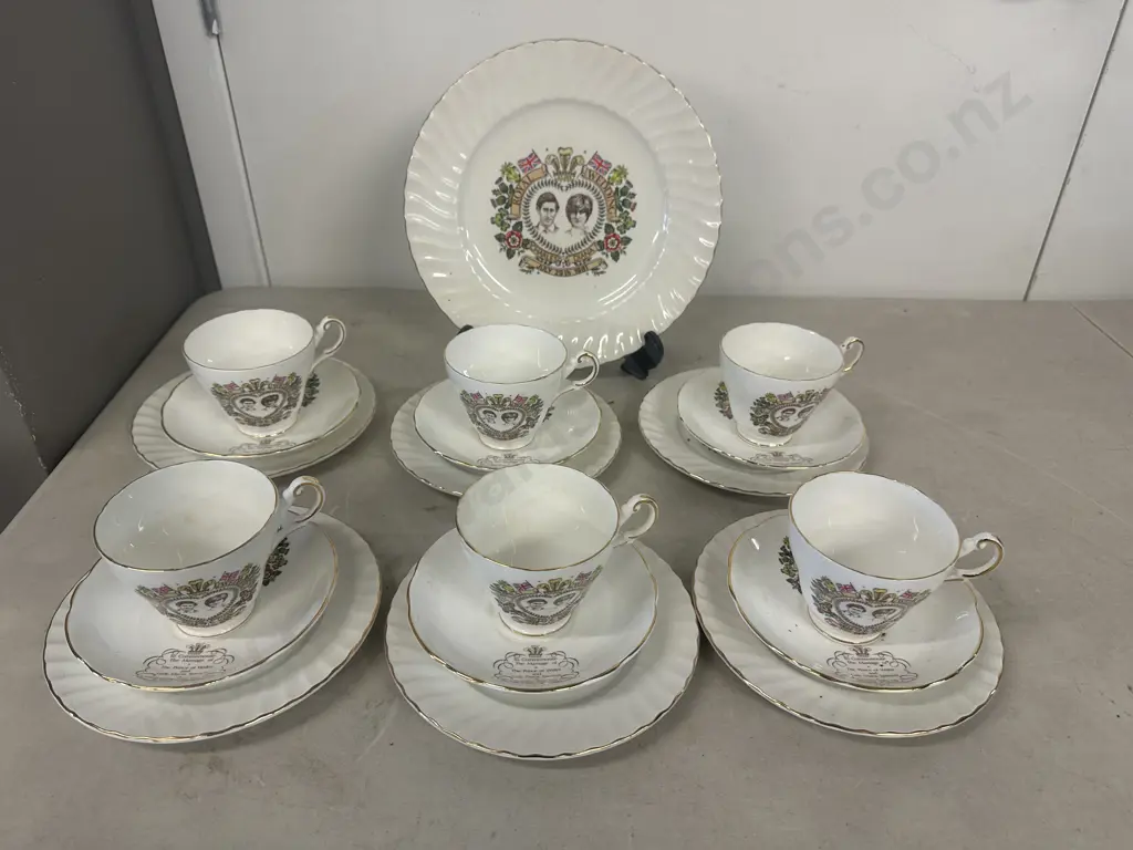 Regency English Bone China Charles & Diana Commemorative Tea Set - 6 x Trios & Cake Plate Image 1++