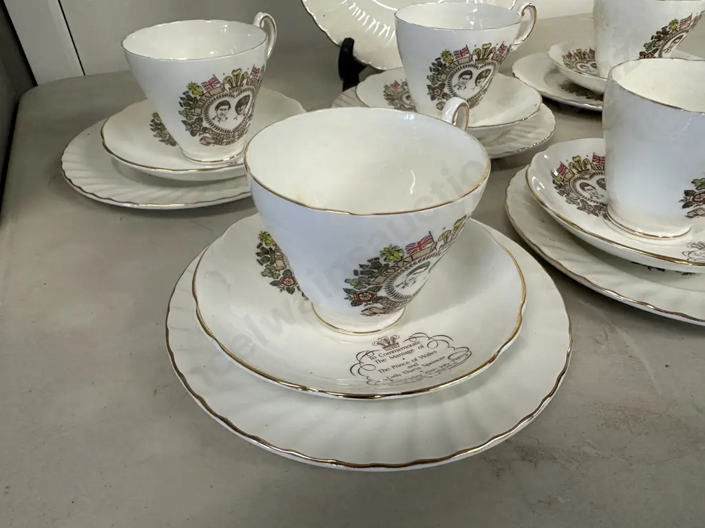 Regency English Bone China Charles & Diana Commemorative Tea Set - 6 x Trios & Cake Plate Image 1++