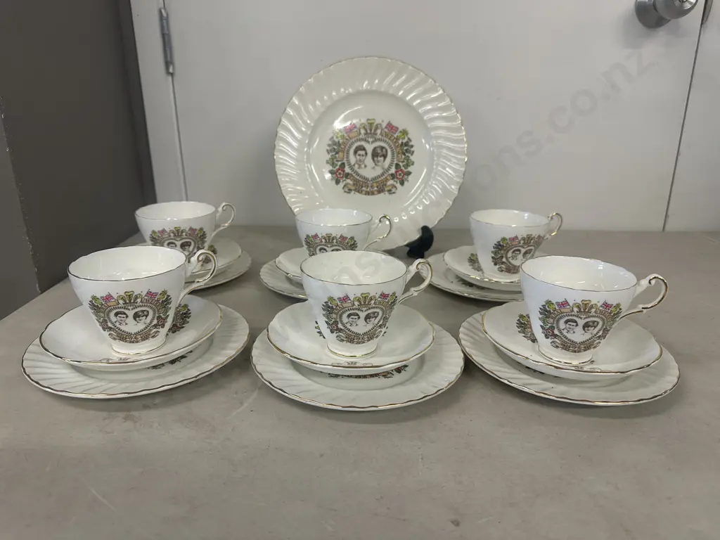 Regency English Bone China Charles & Diana Commemorative Tea Set - 6 x Trios & Cake Plate Image 1++