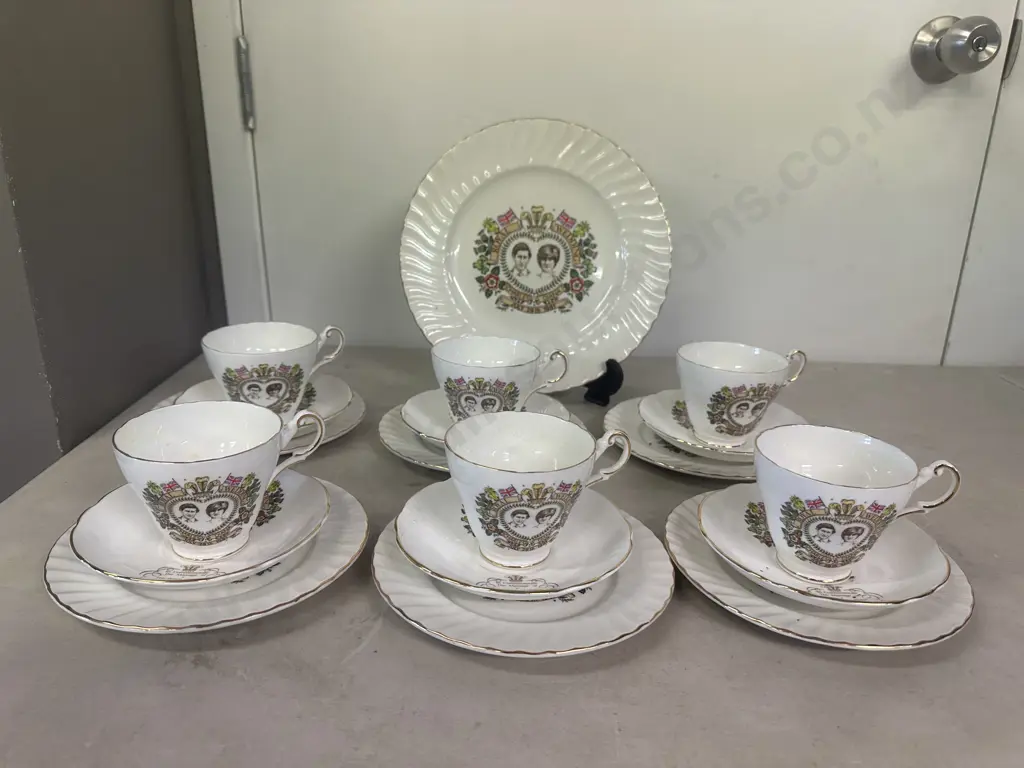 Regency English Bone China Charles & Diana Commemorative Tea Set - 6 x Trios & Cake Plate Image 1++