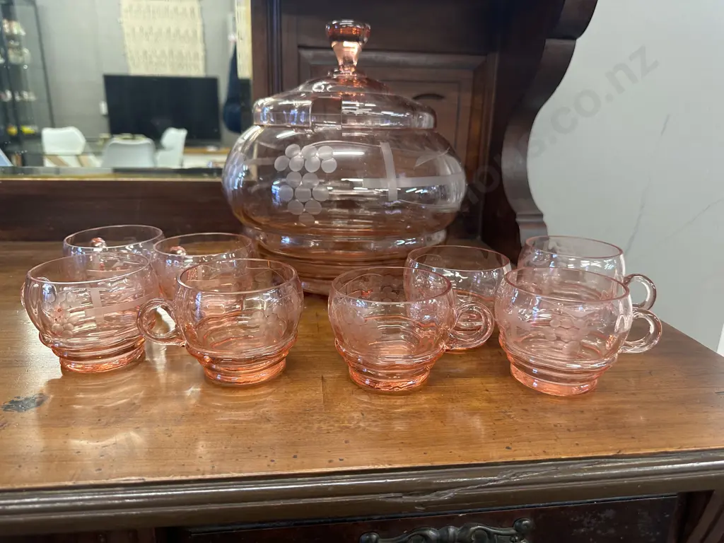 Vintage Clear Pink Glass Punch Bowl & Eight Glass Set Image 1++