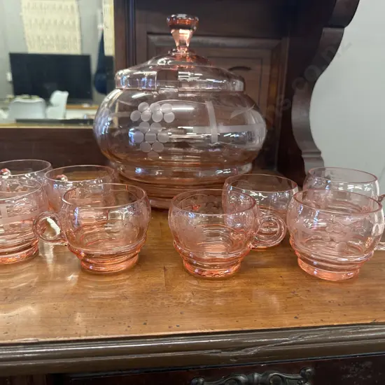 Vintage Clear Pink Glass Punch Bowl & Eight Glass Set