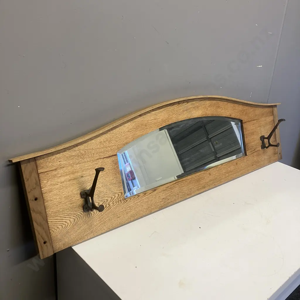 Recycled Oak Bevelled Mirror Coat Hanger With Pair of Copper Coat Hooks. H34 W116 D13.5cm Image 1++