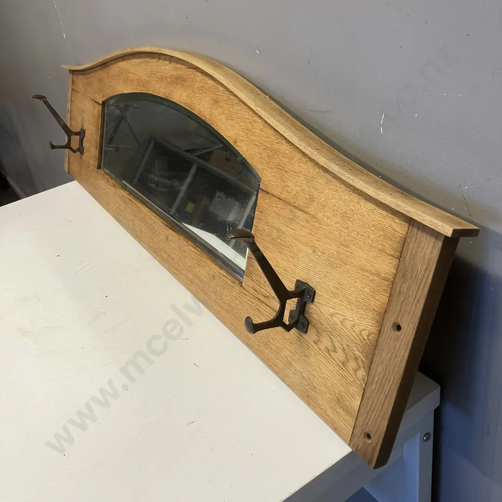 Recycled Oak Bevelled Mirror Coat Hanger With Pair of Copper Coat Hooks. H34 W116 D13.5cm Image 1++