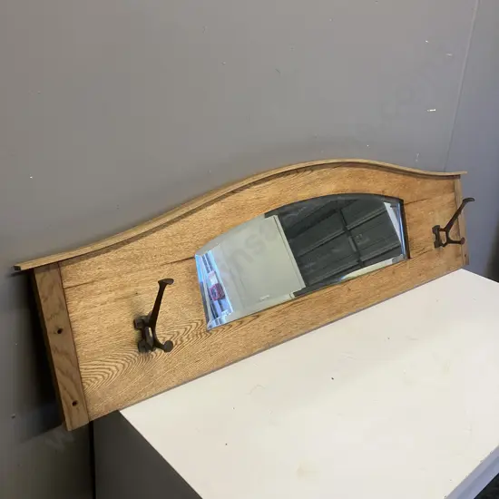 Recycled Oak Bevelled Mirror Coat Hanger With Pair of Copper Coat Hooks. H34 W116 D13.5cm