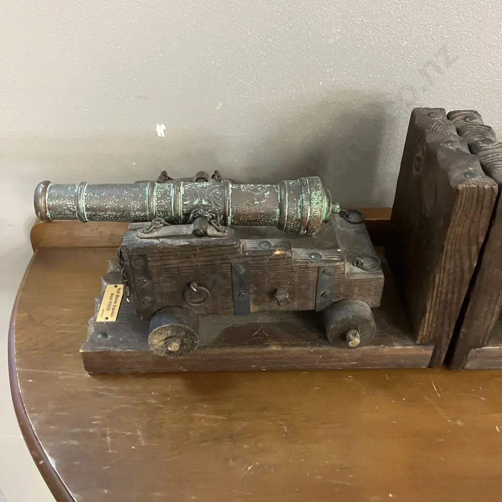 Vintage Copper & Wood Cannon Bookends "Real Marina Espanola Siglo XVIII" H4.5 W48 D9.5cm Image 1++