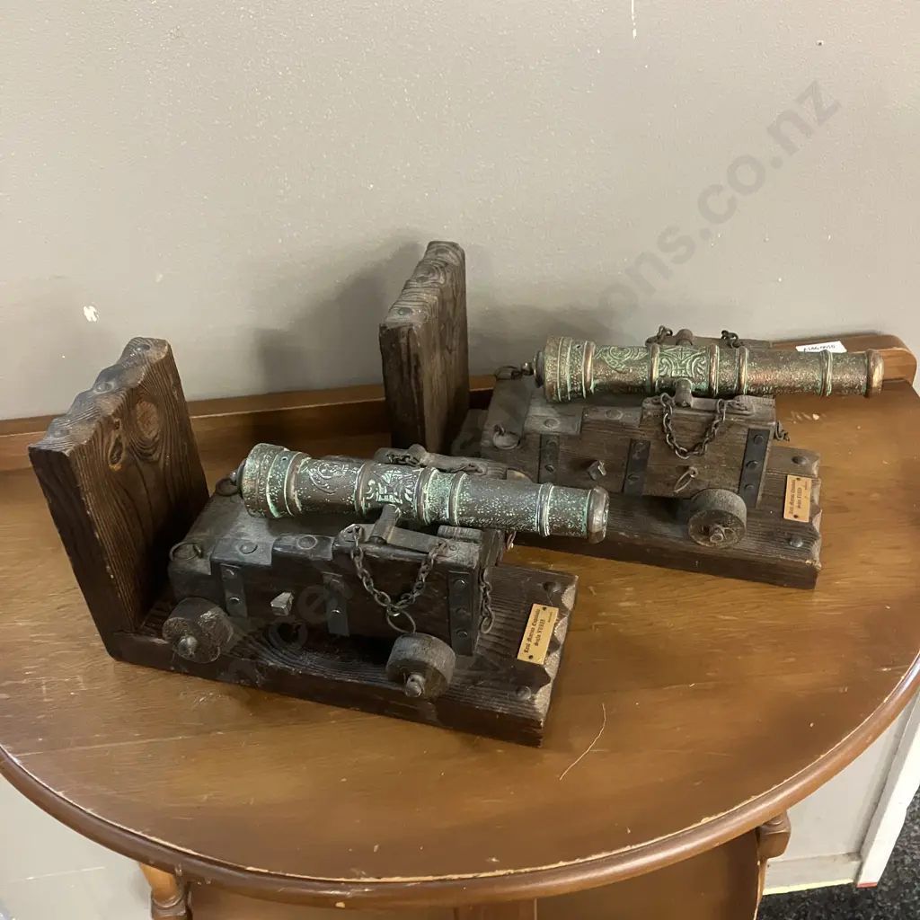 Vintage Copper & Wood Cannon Bookends "Real Marina Espanola Siglo XVIII" H4.5 W48 D9.5cm Image 1++